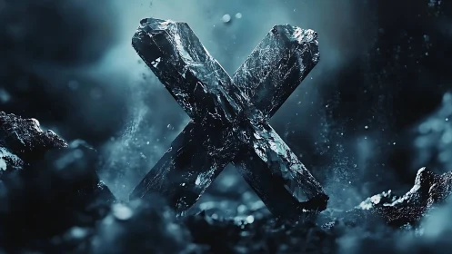 Rendered crystalline X structure stands in dark particulate space