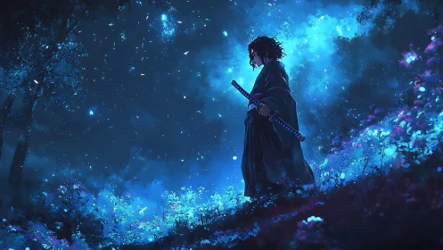 Moonlit wanderer with a quiet sword in a glowing forest.