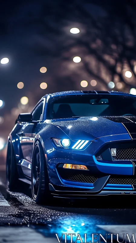 Blue muscle car glows against rainy neon city street at night.