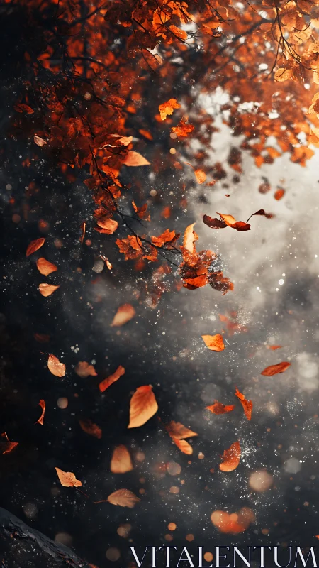 Autumn leaves spiral through glowing backlit forest air