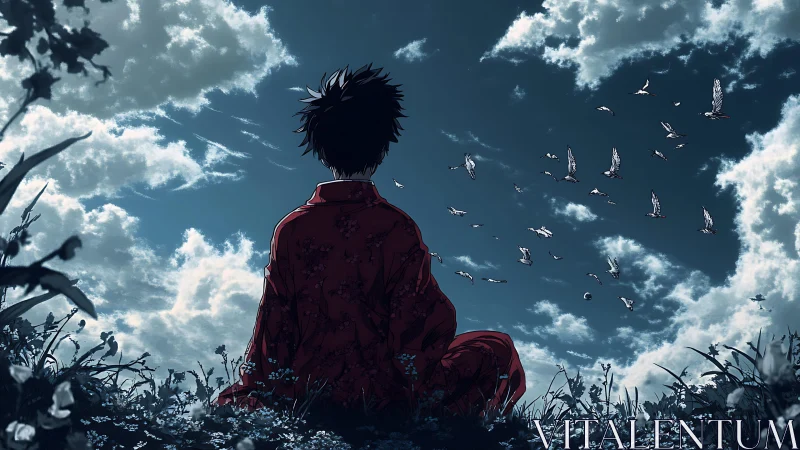 Solitary figure watching birds under expansive sky.