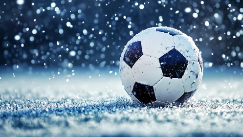 Soccer ball on frosted grass during active snowfall.