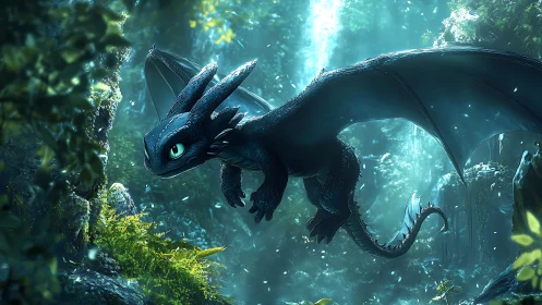 Midnight dragon gliding through luminescent forest canopy.