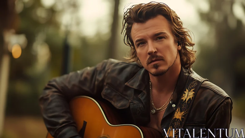Male guitarist in brown leather jacket outdoors at dusk.