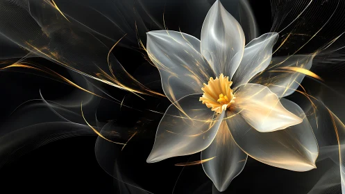 Luminescent digital flower unfurling in dark space.