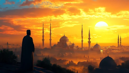 Sunset contemplations over misty domes and minarets skyline.