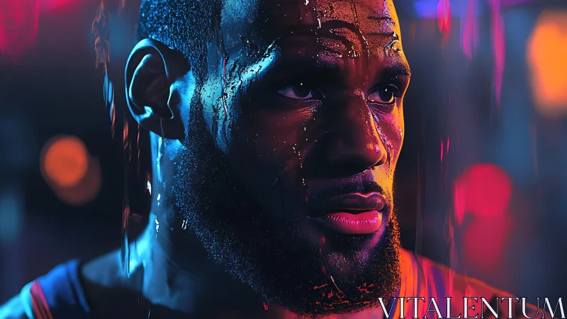 Close-up portrait of athletic man under vivid neon light