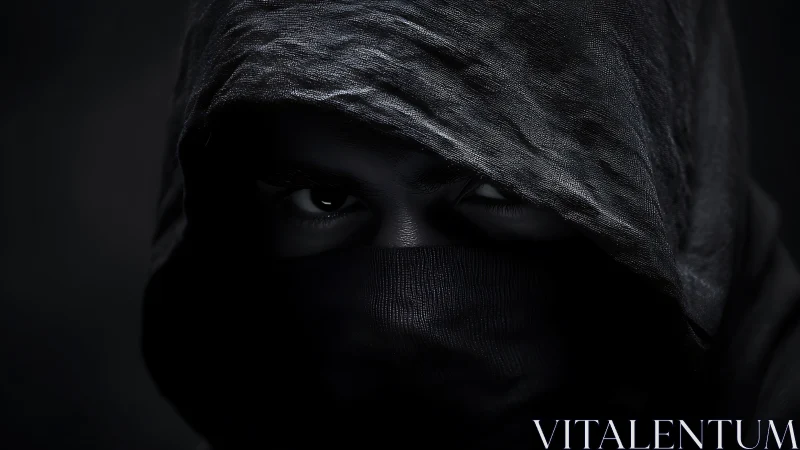 Midnight hooded gaze glimmering through veiled shadows.