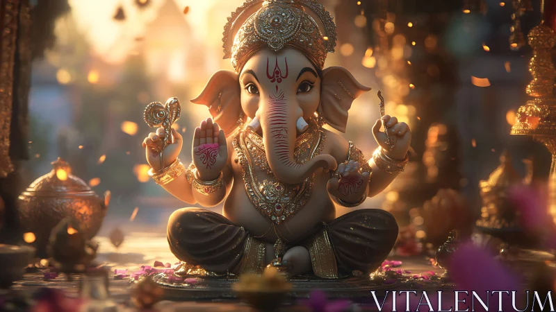 Radiant Ganesha idol rendered in ornate cinematic 3D lighting