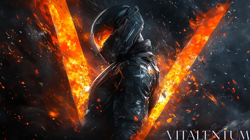 Armored sci‑fi warrior stands amid blazing molten V-shaped rift.