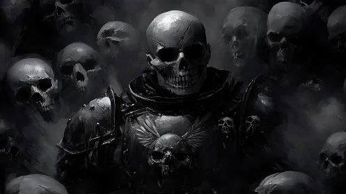 Grim skull warlord rises from a storm of haunted faces.