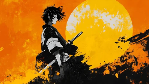 Lone anime swordsman stands bold against a blazing sun