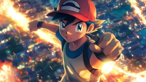 Dynamic anime boy soaring above city with fiery motion trail