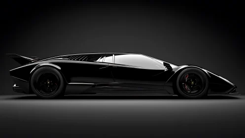 Sleek black supercar profile glows against dark studio backdrop.