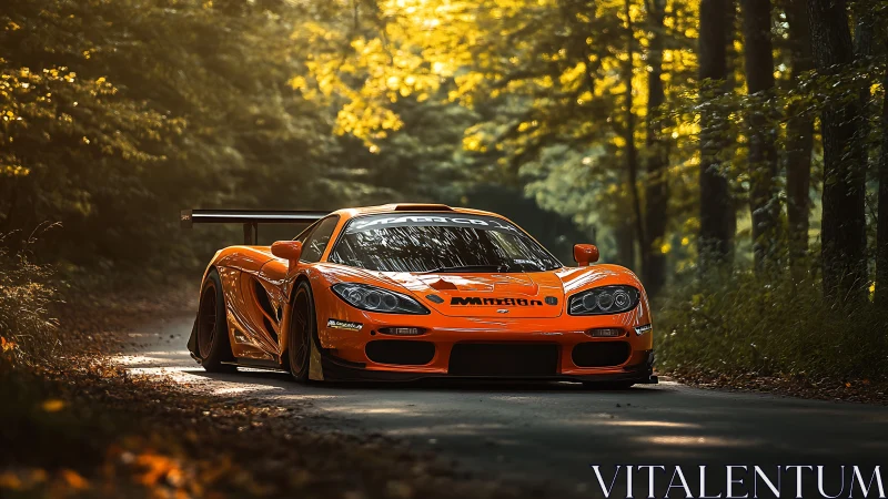 Track-tuned orange supercar advances through sunlit forest lane