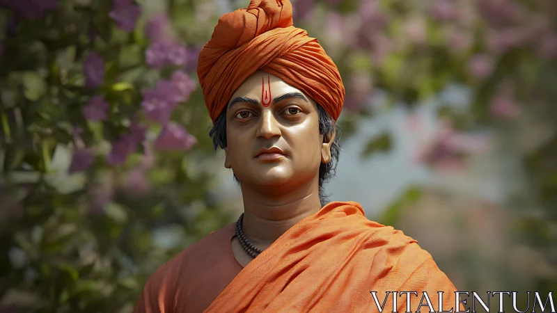 Serene sage in orange robes beneath gentle garden blooms.