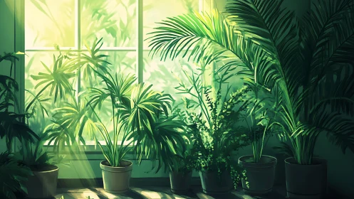 Sunlit houseplants soaking up a calm, leafy morning glow.