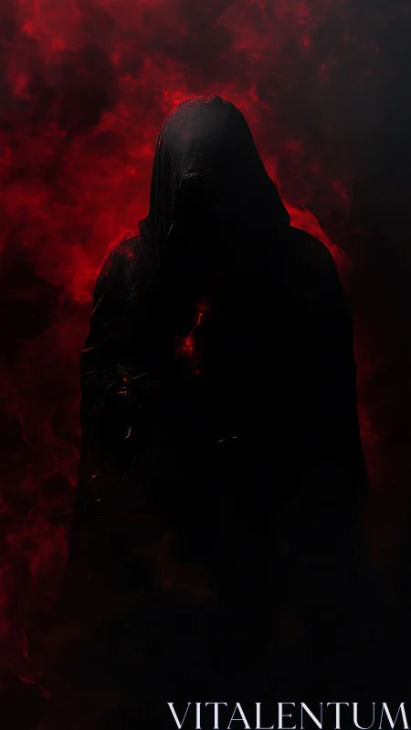 Shrouded hooded figure outlined by dense red smoke clouds.
