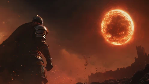 Lone armored knight gazing toward a burning crimson sun.