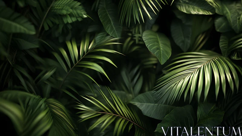 Velvet jungle fronds whisper quietly in sculpted green light