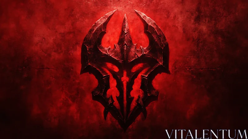 Carved crimson emblem is centered on textured red field