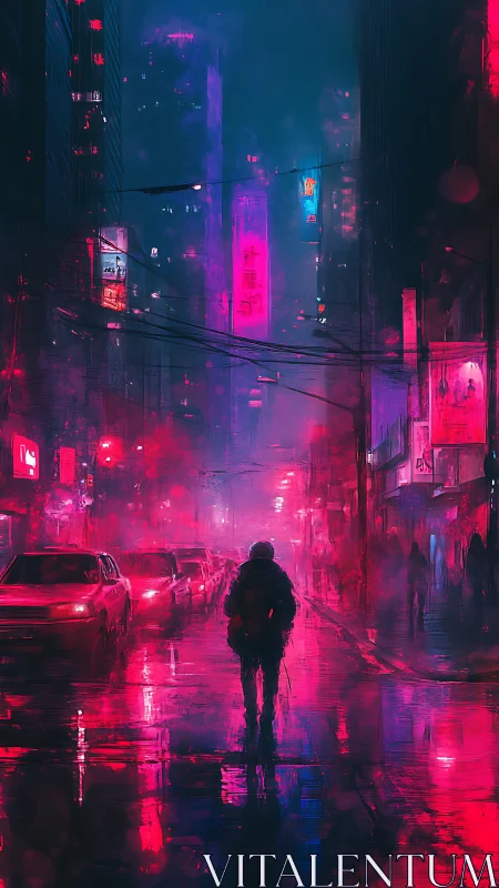 Solitary pedestrian in neon-saturated cyberpunk rain corridor.