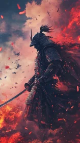 Digital painting of samurai silhouette in infernal battlefield haze.