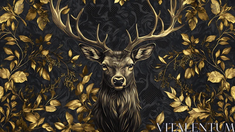 Gilded forest monarch stag framed in baroque golden leaves.