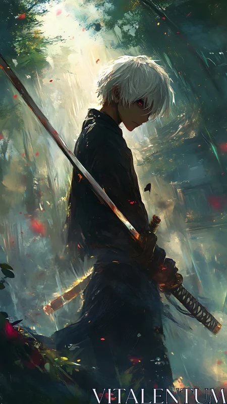 White-haired anime swordsman with katana in misty forest