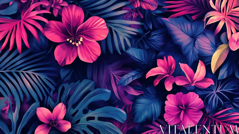 Neon Floral Garden with Pink Blooms and Teal Foliage.