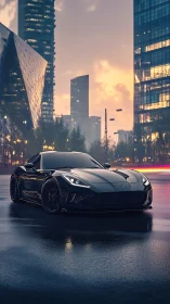 Midnight supercar lounges beneath neon city afterglow