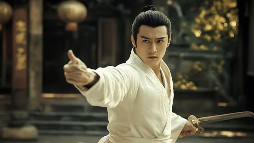 Martial artist in white robes holds sword in courtyard stance