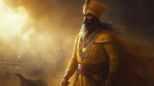 Regal turbaned figure in gold garments before hazy cityscape.
