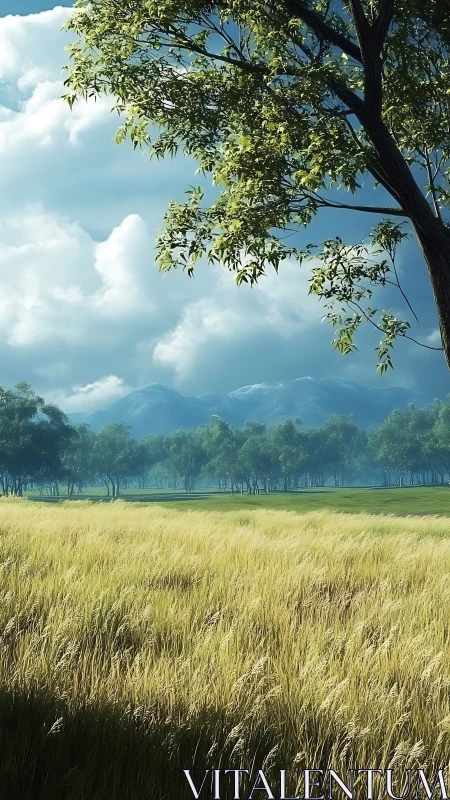 Tree overlooks sunlit grass field before distant blue hills