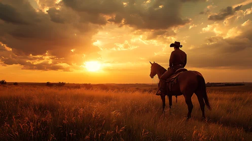 Golden prairie sunset welcomes a lone cowboy and his horse