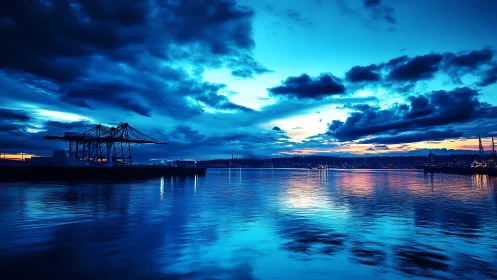Industrial harbor cranes under electric blue twilight sky.