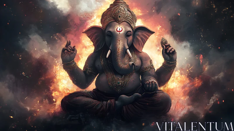 Divine Ganesha sits in fiery cosmic meditation glow