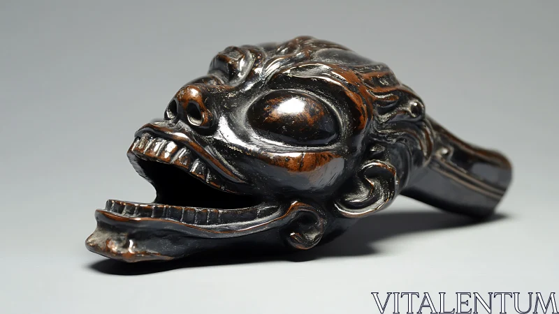 Carved wooden demon head sculpture rests on neutral surface
