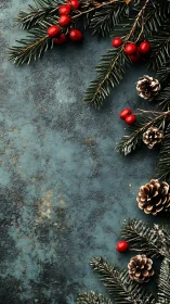 Fir branches, red berries and pinecones on teal stone background.