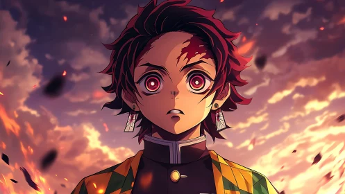 Anime character stands against burning sky with drifting embers