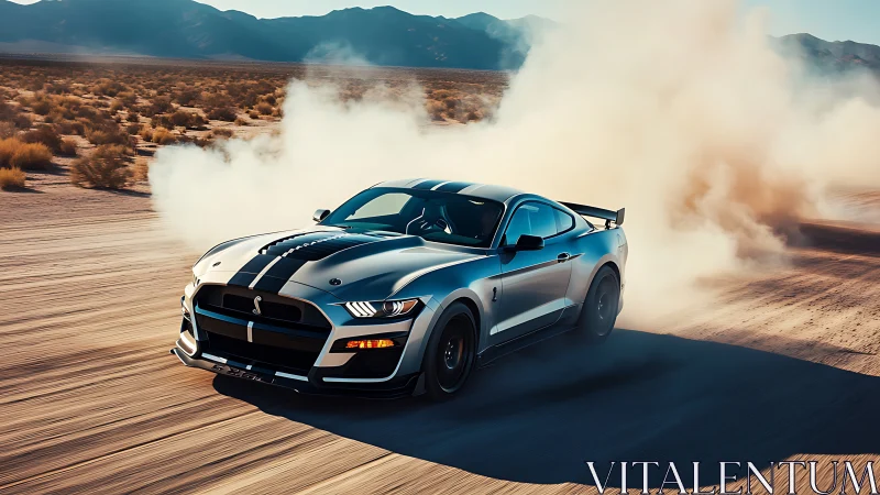Shelby-style sports car drifts on dusty desert road at speed