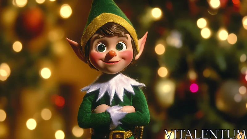 Smiling Christmas elf portrait with festive bokeh lights