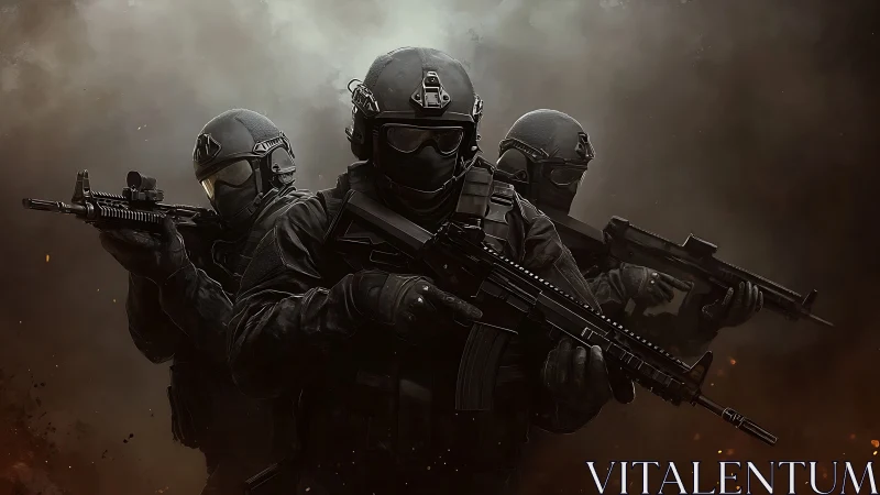 Tactical trio emerges from smoke in dramatic battle stance.