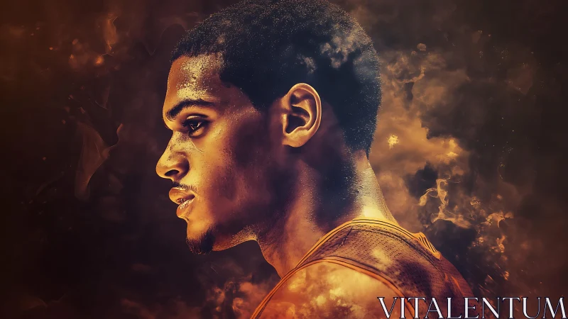Focused basketball player profile framed by fiery abstract glow
