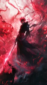 Dark warrior amid red energy storm with glowing blade.