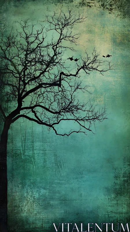 Winter-bare tree whispers into teal dusk silence sky.
