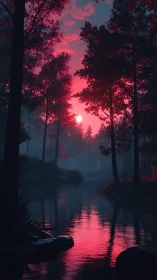 Crimson twilight river cuts through misty pine forest