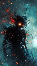 Gentle ember-eyed spirit wandering through a misty dreamscape.