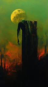 Gaunt figure on ruined tower beneath large yellow moon.