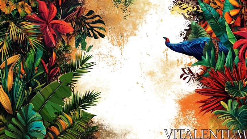 Colorful jungle border with lush leaves and curious bird.